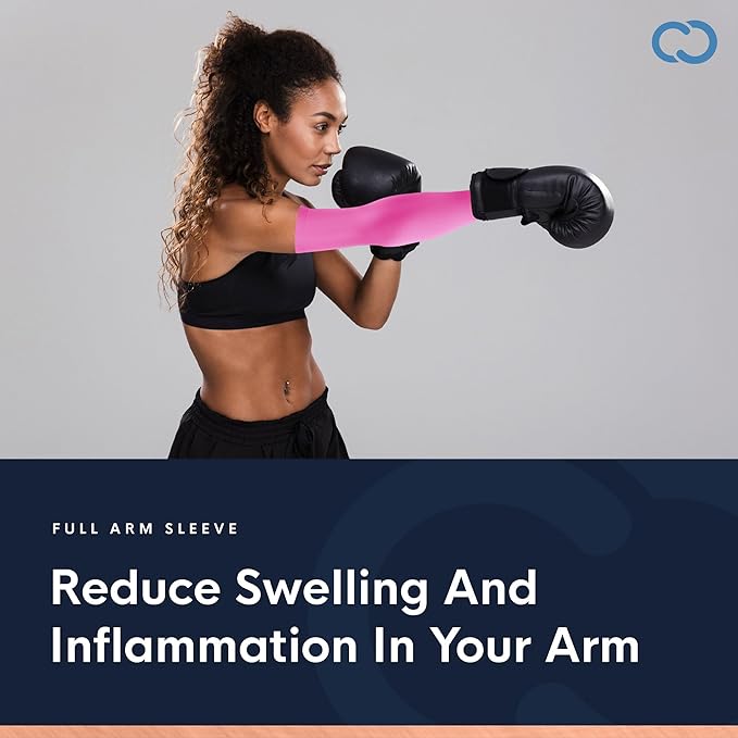 Copper Compression Arm Sleeve - Copper Infused Full Arm Brace for Forearm, Bicep, Triceps - Tennis Elbow, Basketball, Golf, Arthritis, Tendonitis, Bursitis, Post Surgery Rehab - Odor Resistant - Pink - L