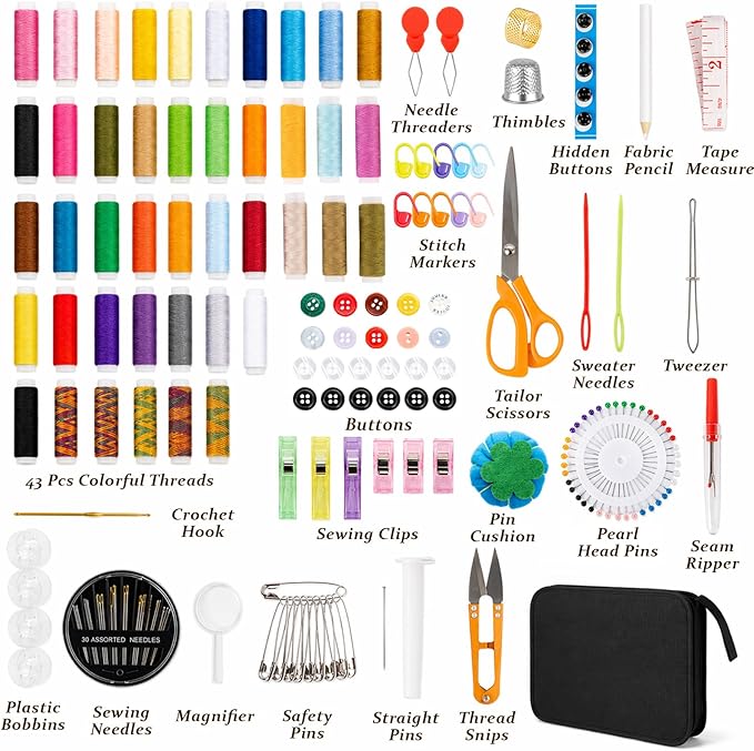 JJRING 200 PCS Sewing Kit for Adults, Premium Needle and Thread Kit with Portable Handbag & Beautiful Gift Box, Complete Hand Sewing Supplies for Beginners, Home, Travel DIY and Emergency Repair