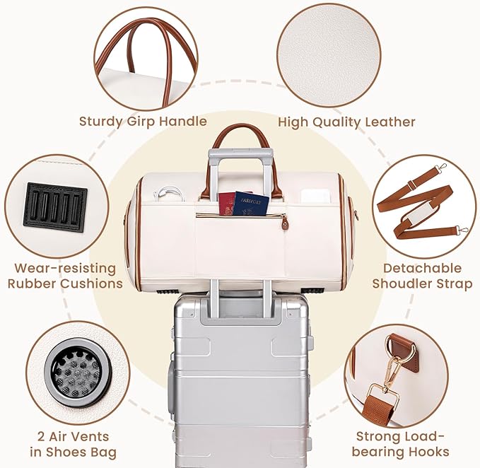 Convertible Garment Bag for Travel, PU Leather Carry On Garment Duffle Bag for Men Women, 2 in 1 Suit Travel Bags for Hanging Clothes with Shoe Compartment