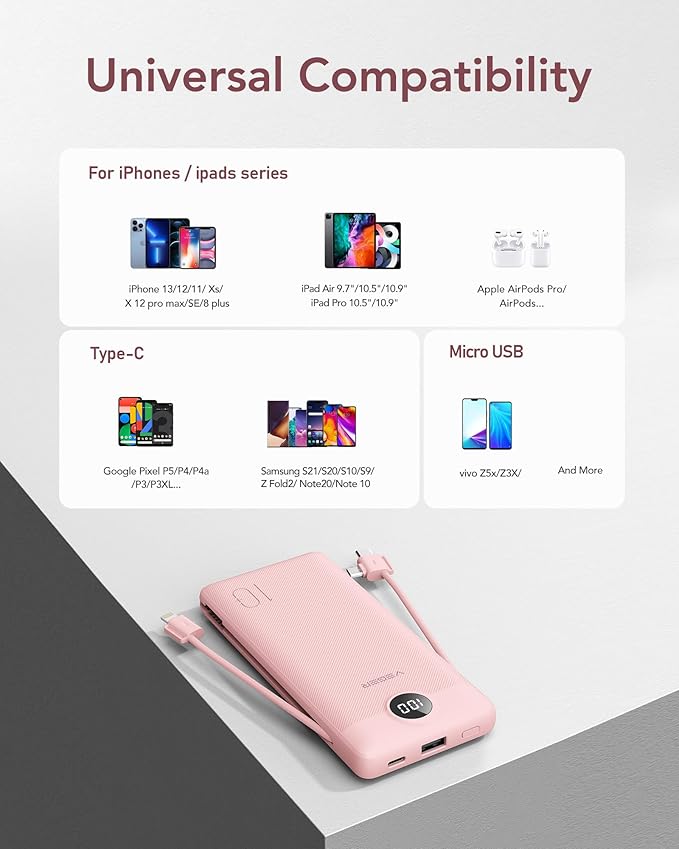 VEGER Portable Charger with Built-in AC Plug and Cables, All in One 10000mAh Ultra Slim Power Bank Travel Essentials, Fast Charging Battery Pack Compatible with iPhone, Samsung, Android, Crepe