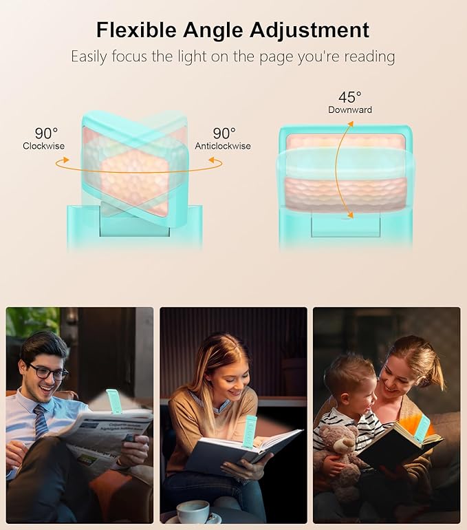 Gritin Book Light Rechargeable, Eye Caring 3-Color & 5-Brightness Clip on LED Reading Light for Books in Bed- Stepless Dimming, Long Lasting, Compact Size Flexible Book Lamp for Bookworms-Blue