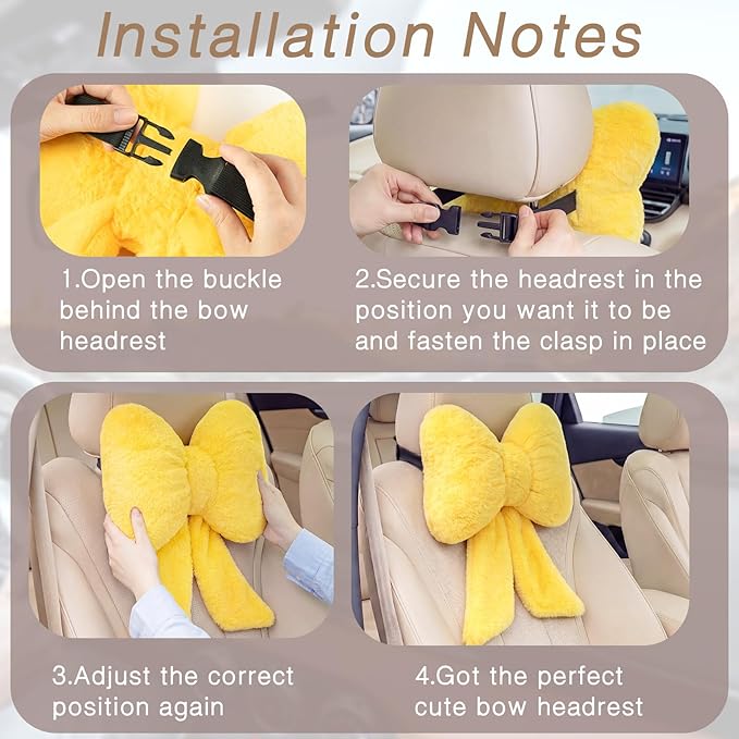 Macarrie 2 Pcs Car Neck Pillow Plush Butterfly Bow Car Headrest Pillow Comfortable Seat Neck Support Cute Head Rest Accessories for Driving Travel Driver Chair Girl Interior Decor(Lemon Yellow,Solid)