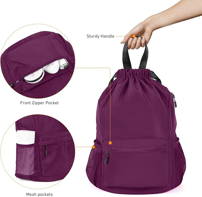 Valleycomfy Waterproof Drawstring Gym Backpack Bag for Men & Women,Sports Gym Bag with Side Pocket Orange