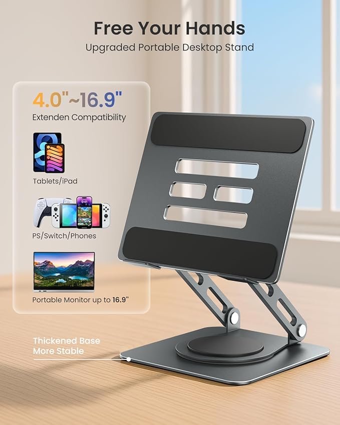 LOXP Metal Tablet Stand, 360 Rotating iPad Stand with Heavy-Duty Base, Tablet Holder Compatible with 4.0-16.9" Device, iPad Pro Air Mini, Kindle, Surface Tablet, Portable Monitors - Gray