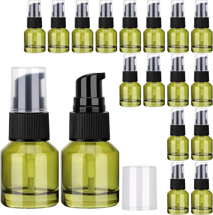 Segbeauty 18pcs 0.5oz Glass Travel Size Containers for Lotions, Mini Empty Lotion Bottles Pump Dispenser Refillable, 15ml Travel Containers for Creams, Small Hair Oil Pump Bottle Liquids Foundation