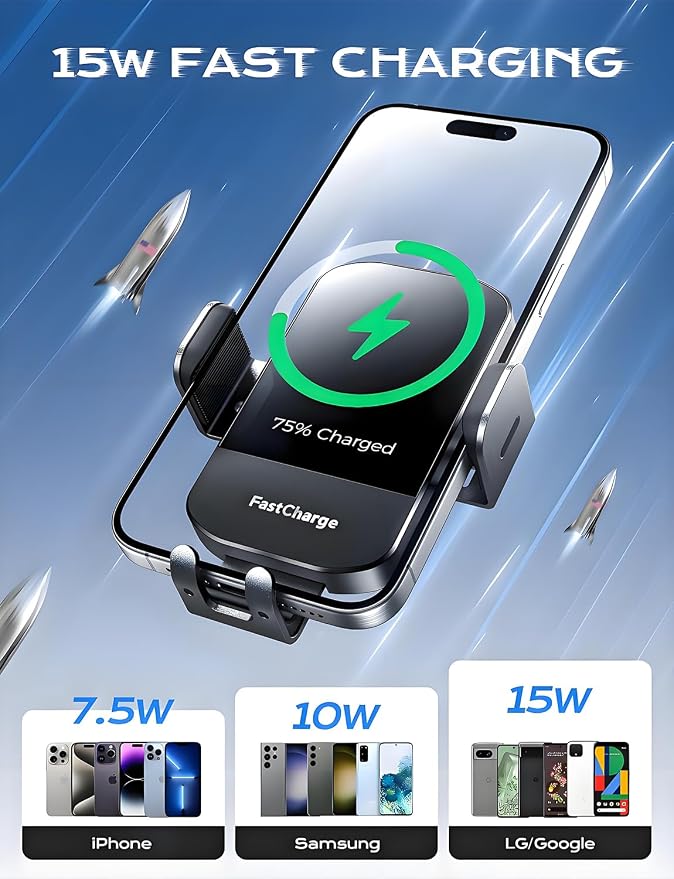 Wireless Car Charger, 2026 Upgrade 15W Fast Charging Auto Clamping Car Phone Holder Charger, Phone Holders for car Mount, fit for iPhone 17 16 15 14 13 Mini Pro Max XR,Samsung Galaxy S26 Ultra