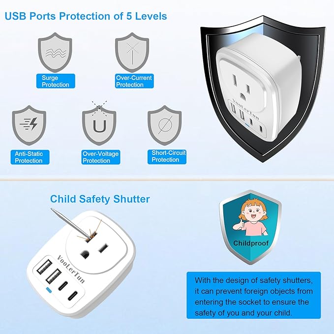 US to Japan Plug Adapter 2 Prong to 3 Prong Outlet Adapter Converter Type A with 4 USB Ports 2 Pack Japan Power Adapter, Philippine Canada Taiwan Japan Travel Cruise Essentials