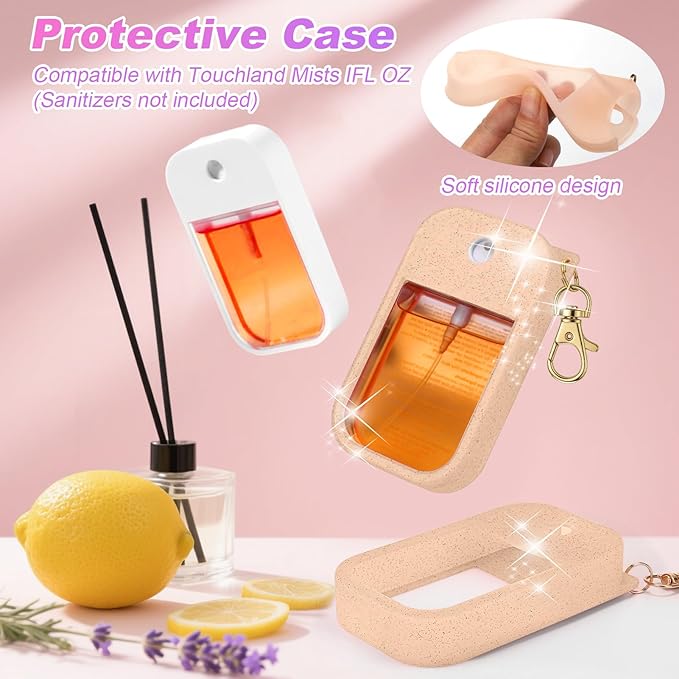 AIERSA Hand Sanitizer Spray Glitter Case Compatible with Touchland, Silicone Hand Sanitizer Case Holder with Keychain for Touch Land Mist 1FL. OZ(Glitter Sequin Blush Beige)