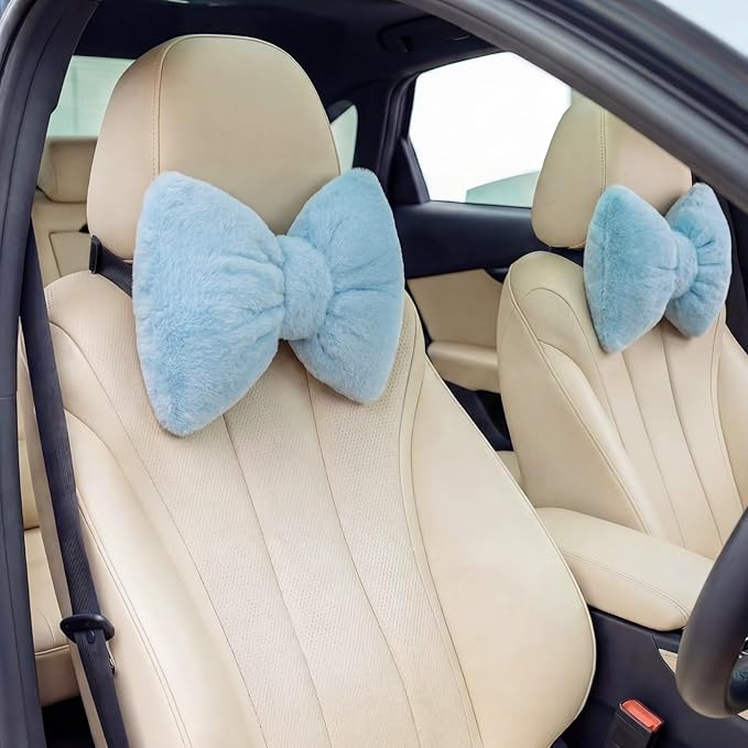 Macarrie 2 Pcs Car Neck Pillow Velvet Bow Headrest Pillow Soft Comfortable Seat Neck Support Cute Bow Car Accessories for Driving Travel Driver Chair Girl Style Interior Decor(Solid,Blue)