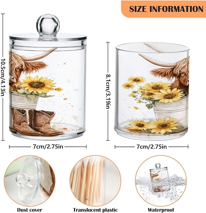 2 Pack Qtip Holder Organizer Dispenser Watercolor Sunflower Highland Cow Bathroom Storage Canister Cotton Ball Holder Container for Cotton Pads/Swabs/Floss