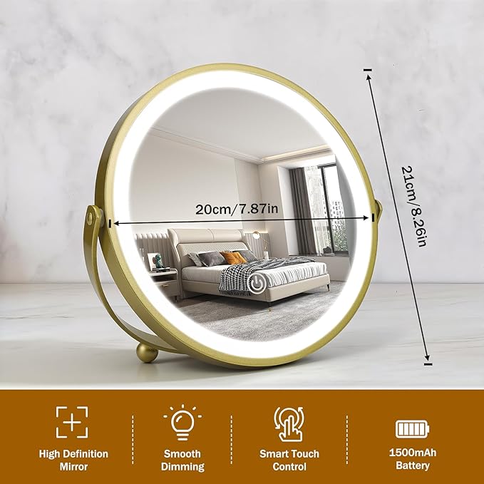 Vanity Mirror with Lights, 8" LED Makeup Mirror Built-in 1500mAH Lithium Battery, HD Professional Mirror, Smart Touch with 3-Color Lighting, Dimmable, Lighted Up for Makeup Desk, Travel (Gold)