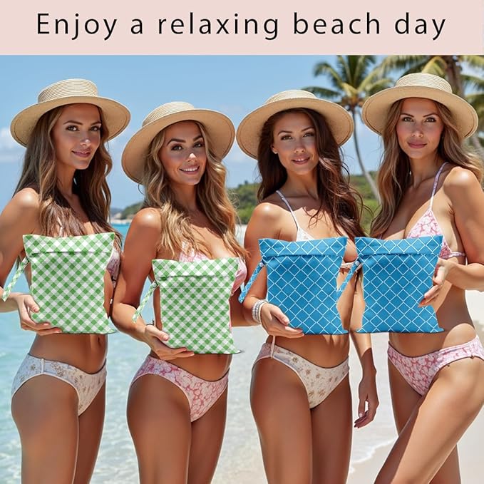 Wet Bag, 4Pcs Wet Dry Bag Set, Reusable Waterproof Bags with Blue Diamond Lattice & Green Gingham Prints for Women, Great for Beach Getaways & Pool Days