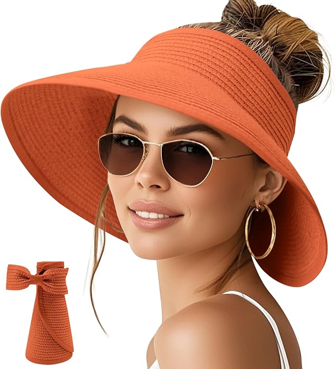 NPQQUAN Sun Visor Hats for Women Wide Brim Ponytail Straw Beach Hat Packable Foldable UPF 50+ Floppy Travel Hats