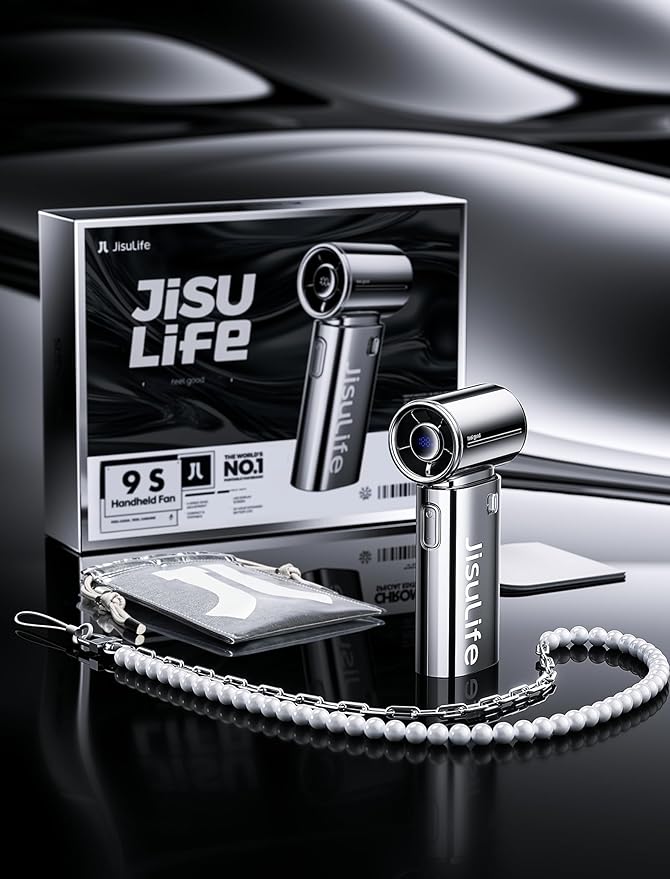 JISULIFE Portable Handheld Fan, Turbo Power High Speed Air [22H Max Cooling Time], 5 Gear Wind, 5000mAh Rechargeable, Mini Pocket Design, Personal Fan for Travel Concerts Camping Makeup - Chrome