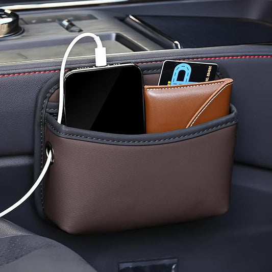 JEYODA Car Seat Side Storage Pocket, Small Organizer,PU Leather Multifunctional Console Side Organizer Bag for Phone, keys, sunglass,wallet,ect (Brown)