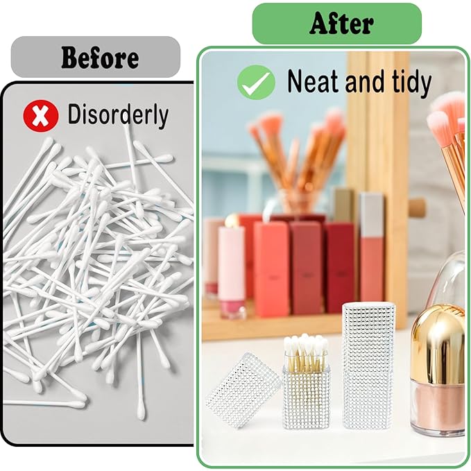 Cotton Swab Holder for Travel, 2 Pcs Portable Small Dental Floss Holder Sparkling Rhinestone Cotton Pad Holder, Travel Floss Picks Case with Dustproof Lid for Cotton Bud Floss, White