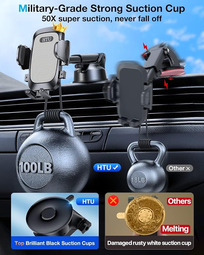 HTU Car Phone Holder【2026 Upgraded 100+LBS Suction & Safety Cert】 Cell Phone Car Mount for Truck Heavy Duty Phone Holder for Dashboard/Windshield/Vent for iPhone 17 16 Pro Max, Grey