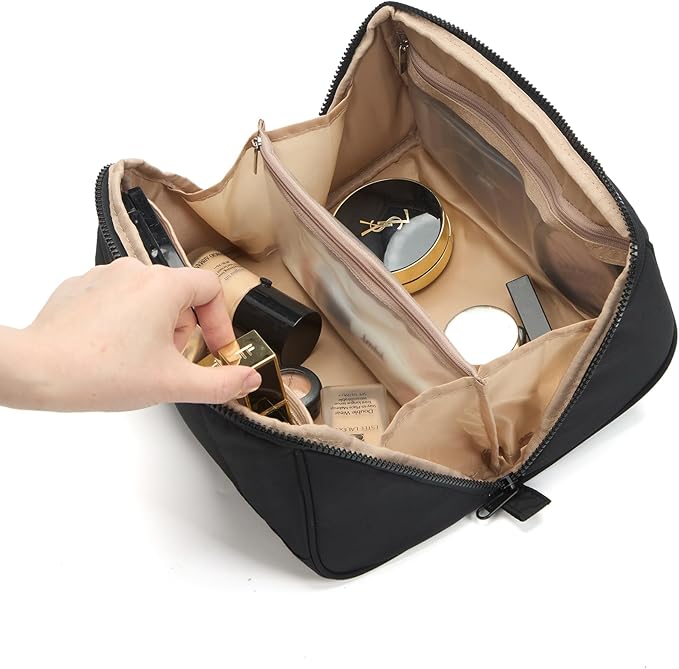 NISHEL Travel Makeup Bag for Women, Fluffy & Lightweight Open Flat Cosmetic Organizer with Multiple Functional Divider for Brush Independent Storage, Handle for Easy Portability, Large, Black