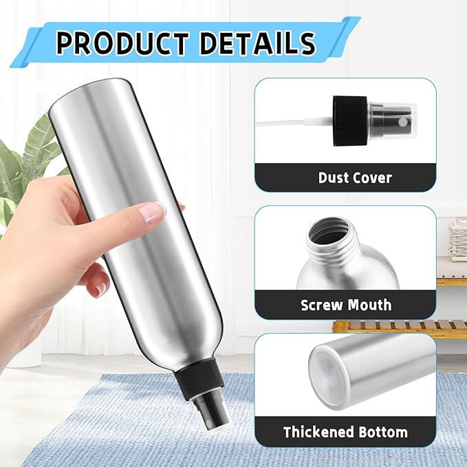 5 Pack 300ml/5oz Empty Aluminum Spray Bottles,Metal Fine Mist Sprayer,Refillable Cosmetic Atomizer Set with Lids for Cosmetic,Perfume,Face Spray,Air Freshener,Cleaning,Gardening