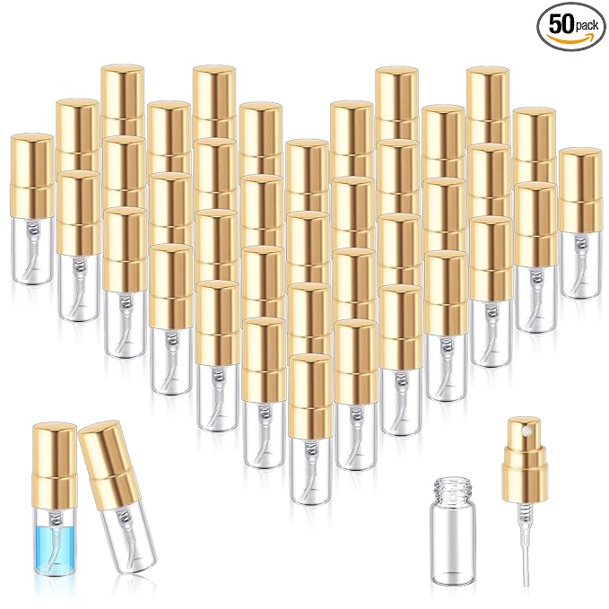 Zhehao 50 Pcs Mini Spray Bottles 2 ml Clear Glass Perfume Bottles Refillable Fine Mist Perfume Atomizer Portable Empty Sample Containers for Cleaning, Essential Oils, Travel (Gold Cap)