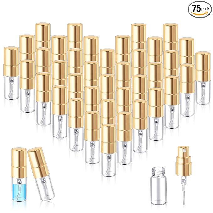 Zhehao 75 Pcs Mini Spray Bottles 2 ml Clear Glass Perfume Bottles Refillable Fine Mist Perfume Atomizer Portable Empty Sample Containers for Cleaning, Essential Oils, Travel (Gold Cap)