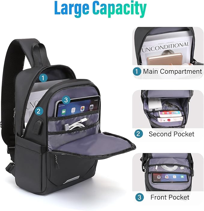 MOSISO Sling Backpack Travel Hiking Daypack,Large Crossbody Sling Bag with USB Charging Port for Men Women 3 Layer Pockets One Shoulder Bag for Outdoor Sports Casual Commuting, Slate Gray