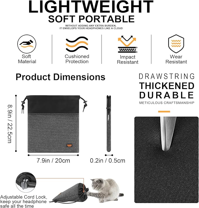 Lightweight Headphone Storage Bag, Portable Headset Carrying Pouch Headphone Case Bag Soft Travel Pouch for Over-Ear Headphones/Gaming Headsets/Neckband Earbuds (Small Grey)