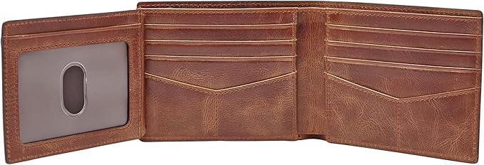 Fossil Men's Wallet, Derrick Leather RFID-Blocking Wallet, Bifold with Flip ID, Brown