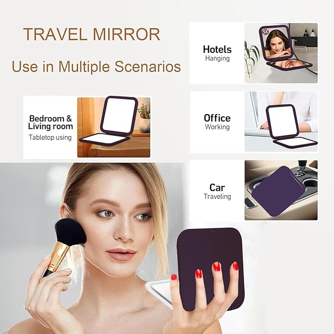 CYHTSHFZ Small Compact Mirror for Purse,5X/1X Travel Magnifying Mirror for Women, Makeup Mirror for Girls, Portable Ultra Slim Pocket Mirror（Purple）