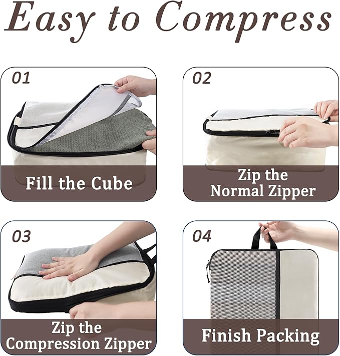 U+U 10 Set Compression Packing Cubes - Ultralight Cream Travel Organizers with Laundry Bag, Space-Saving Suitcase Organizer, Expandable Packing Cubes for Travel and Family Vacation (Cream)