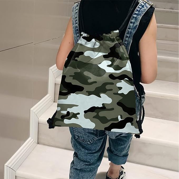 Drawstring Backpack for String Bag Waterproof Cute Sports Beach Swimming Travel (13"×17")-Green Camouflage
