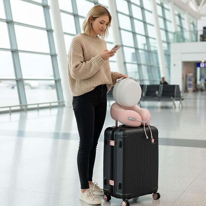 Travel Pillow with Cool Material,Neck Pillow for Traveling 100% Pure Memory Foam,Travel Neck Pillow with Hard Case, Airplane Pillow for Traveling,Travel Essentials (Pink)