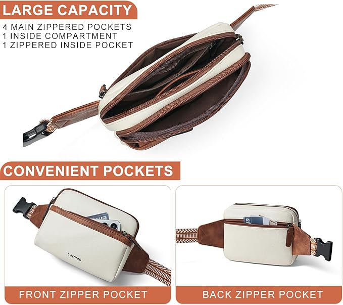 LATMAP 3L Fanny Packs Belt Bag for Women Small Everywhere Crossbody Bag Waist Packs Faux Leather Sling Chest Travel Purse