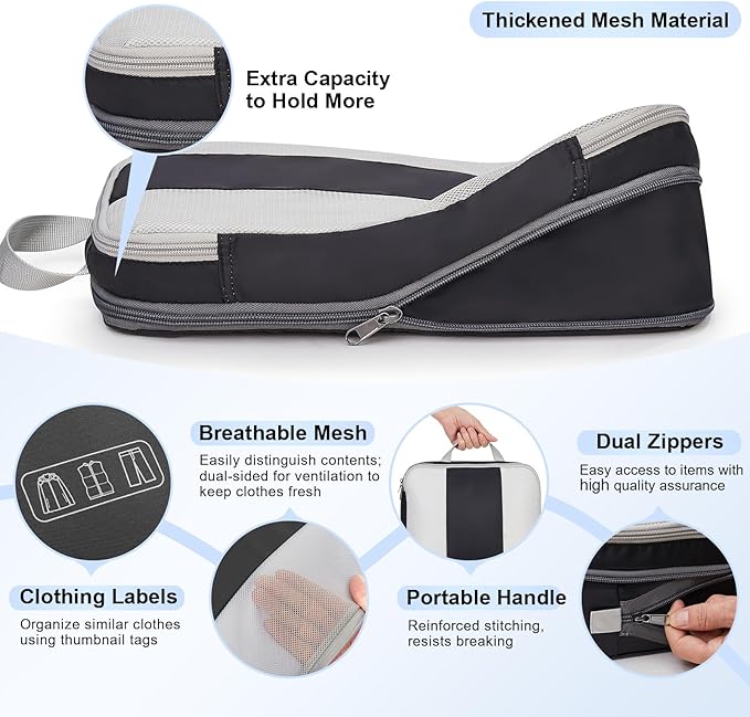 6 Set Compression Packing Cubes for Travel Essentials,Compressible Expandable Packing Cubes for Suitcase,OlarHike Luggage Garment Bags for Travel,Handy Helper for Organizing Clothes(Black)