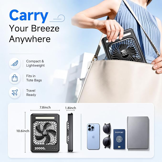 20000mAh Portable Rechargeable Fan, Max 60H Runtime, Ultra-Slim Camping Fan, 5 Speeds Battery Powered Fan with LED Lantern, 2/4/6/8 Timer Personal Travel Fan for Cruise Fishing Ship Tent Office Home