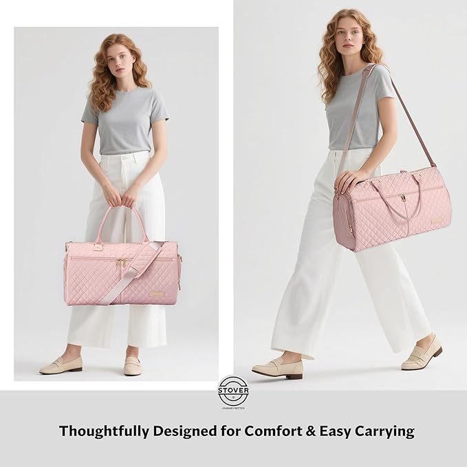 STOVER Women’s Convertible Garment Duffel Bag for Travel – 2-in-1 Carry-On Weekender/Overnight Tote - Wrinkle-Free Dresses, Suits & Clothes + Shoe Compartment & Bonus Toiletry Bag (Blush Pink)