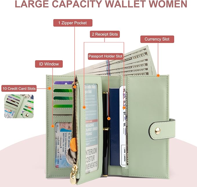 yiijay Wallets for Women RFID Blocking Leather Trifold Clutch Wallet Credit Card Holder Ladies Travel Wallet Purse with Pen Holder