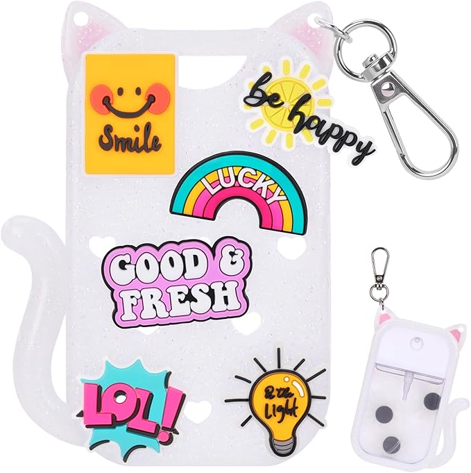 FunisFun Glitter Silicone Holder Case Compatible with Hand Sanitizer Spray 1 Fl. OZ., Cat-shaped Case Keychain with 6 Charms
