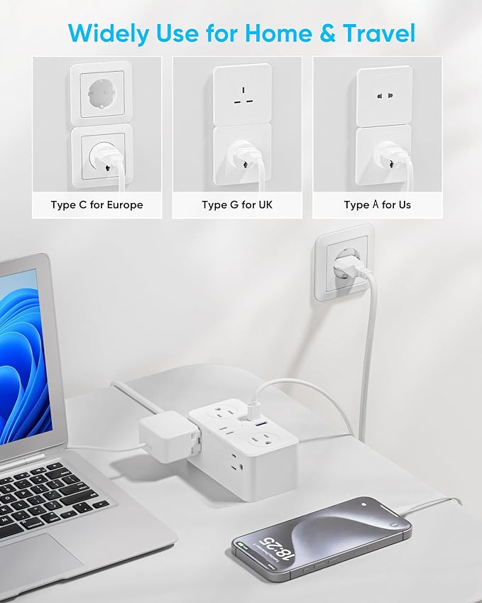 Kakyanill Italy Travel Plug Adapter, Italy Power Adapter, 6 AC Outlets, 4 USB Ports (2 USB C), 3ft Wrapped Around Extension Cord, for Italy Chile Libya