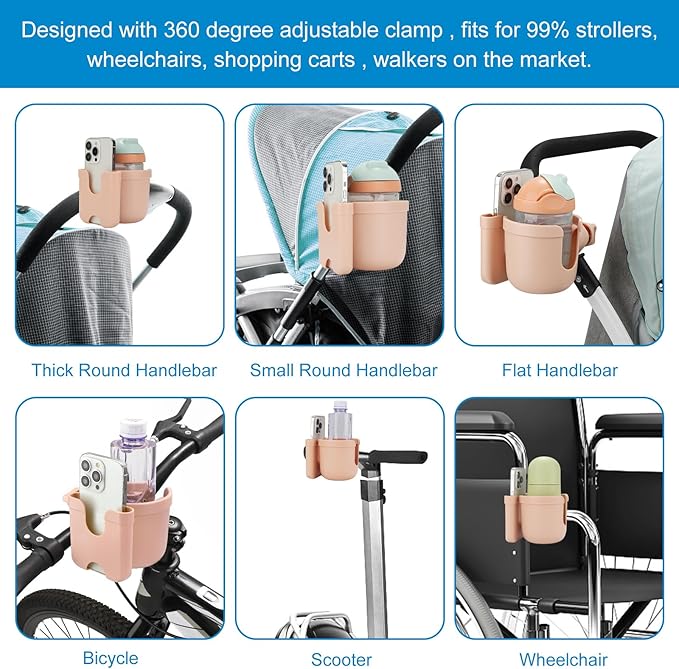 Accmor Stroller Cup Holder with Phone Holder, Bike Cup Holder, Universal Cup Holder for Uppababy Nuna Doona Strollers, 2-in-1 Cup Holder for Walker, Wheelchair, Scooter