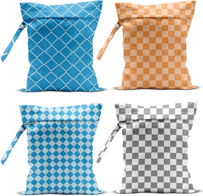 Wet Bag, 4Pcs Wet Dry Bag Set, Reusable Waterproof Bags with Colorful Plaid Prints for Women, Great for Beach Getaways, Pool Visits, Travel & Daily Item Storage