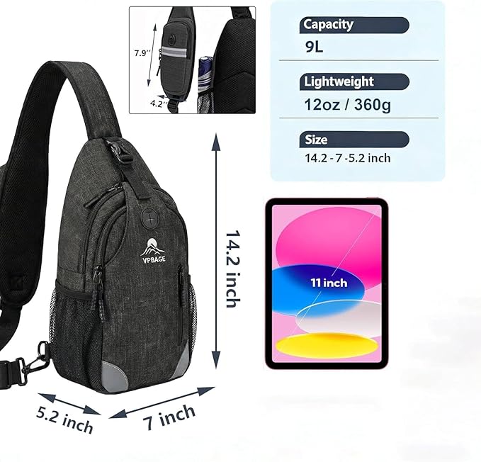 Sling Backpack for Women & Men, Crossbody Travel Bag with Water Bottle Holders, 17 Pockets, Quick-Access Phone Pocket, Hidden Security Pocket, Fits 11" Tablet, for Daily Carry, Travel, Theme Parks