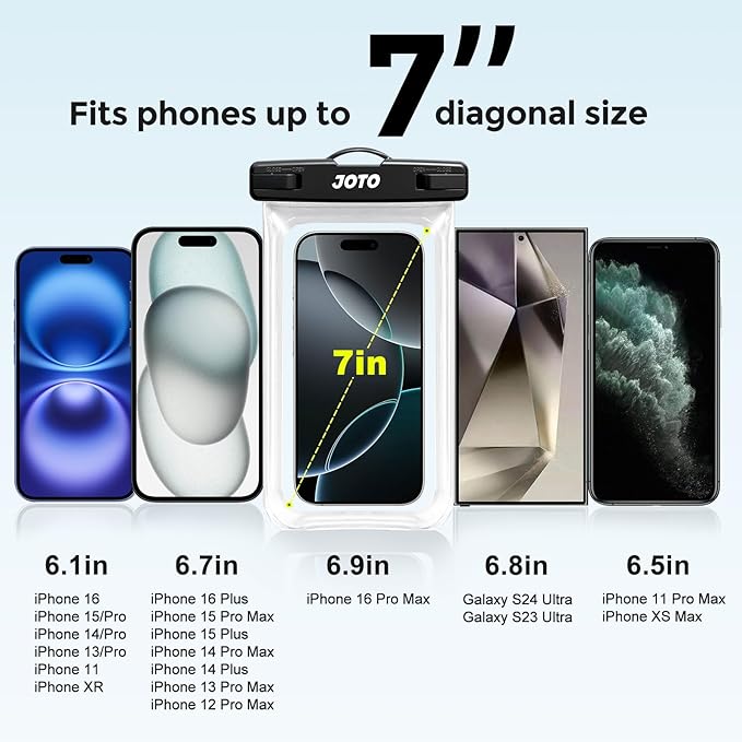 JOTO 2 Pack Waterproof Phone Pouch Case Up to 7", IPX8 Underwater Phone Case Cellphone Dry Bag for iPhone 17/Air 16 15 14 13 12 Pro Max Xs Max XR X 8 7 6S Plus SE/Galaxy S24 S23 S22 -Clear