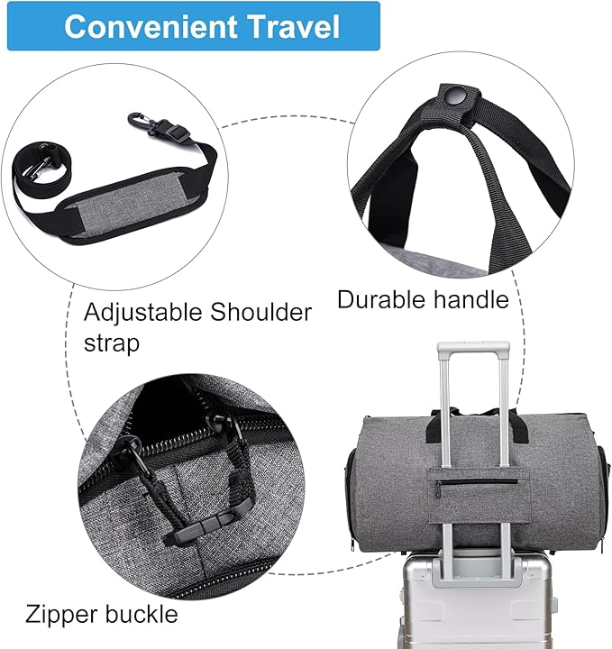 Garment Bag for Travel, Large Convertible Carry on Garment Duffel Bag for Men Women with Shoe Compartment, 2 in 1 Hanging Dress Suitcase Suit Travel Bags, Grey