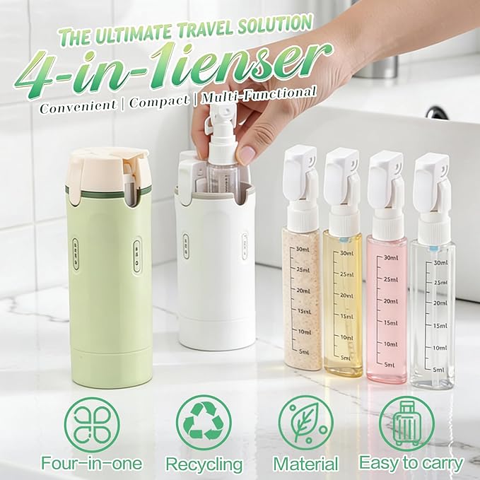 4 in 1 Travel Dispenser Bottle Flying Essentials Camping Toiletries Pump Leak Proof Size Portable Containers Refillable for Shampoo Lotion Creams Body Wash Conditioner Attached Label (Green)