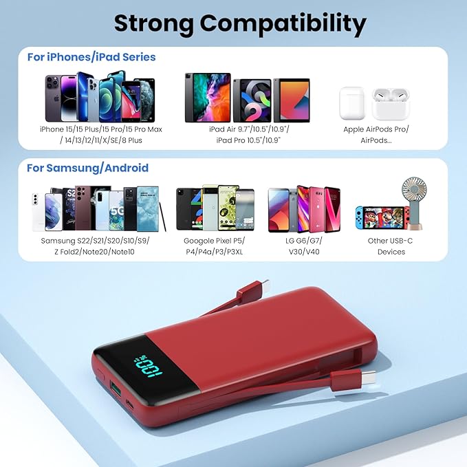 Portable Charger for iPhone with Built in Cables and Wall Plug,Upgraded 13800mAh Fast Charging USB C Power Bank,4 Outputs Travel Essential Battery Pack Compatible with iPhone 15/14/13/12,Galaxy-Red