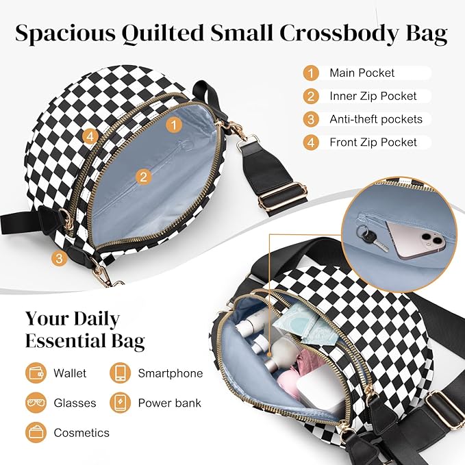 Spacious Nylon Checkered Crossbody Bum Bag for Women, Fashion Checkerboard Fanny Pack Purse with Anti-theft Pocket, Adjustable Wider Strap Wasit Bag (Black-White)