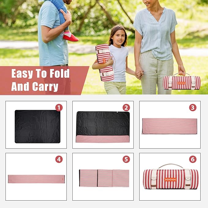 G GOOD GAIN Picnic Outdoor Blankets Waterproof Large - Beach Mat Sand Free Foldable with Carry Strap | Portable Camping Blanket | Park Blanket for Grass Park, Hiking, Travel, Concerts, Indoor (Red)