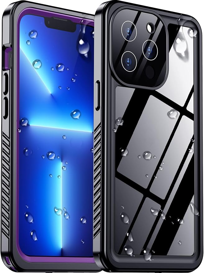 Compatible with iPhone 13 Pro Max Case Waterproof, Built-in Screen & Camera Protector IP68 Underwater Full Body 13FT Military Dropproof Shockproof Phone Case 6.7"-Purple/Clear