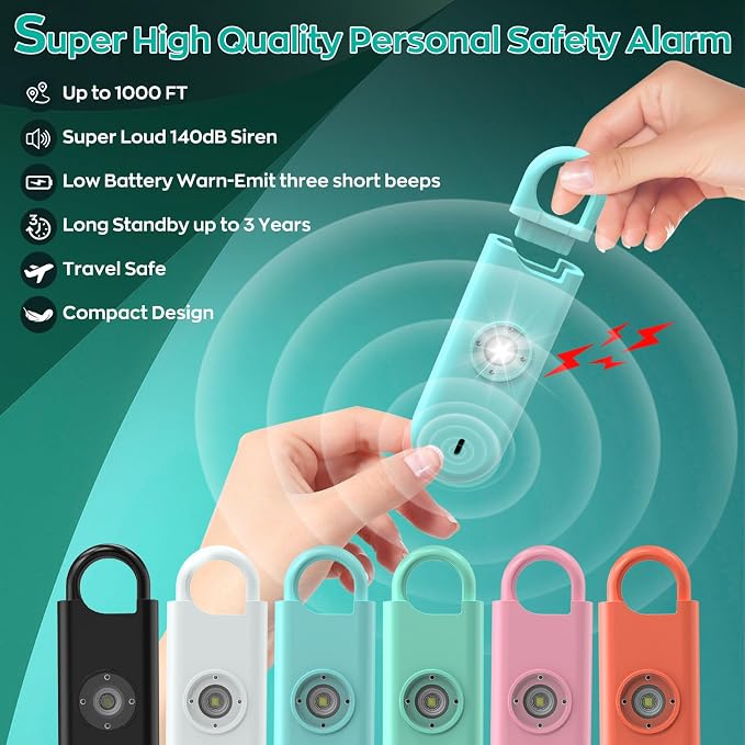 Fauxomor 140dB Personal Safety Alarm for Women, 6 Pack Safe Alarm Protection Keychain with Strobe Light & Low Battery Notice, Security Siren Self Defense for Seniors College Girls, Blue+Green+Orange
